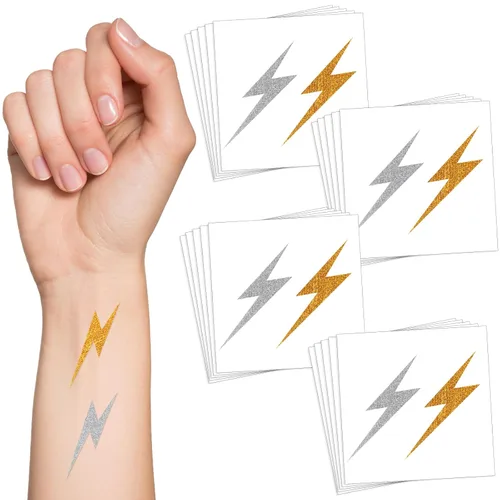 Cholemy 50 hojas de 100 piezas de tatuajes temporales con purpurina dorada y plateada, adhesivos de rayo de 2 x 2 pulgadas, accesorios de ropa