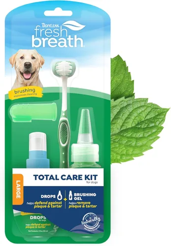 TropiClean Sistema de cuidado total de control de aliento y sarro fresco para perros grandes | Pasta de dientes y cepillo para perros | Gel dental