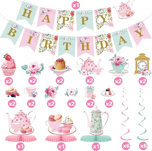 Miniatura 3 de Decoraciones florales de fiesta de té y cumpleaños - Suministros de fiesta "Tea for Two" para niñas pequeñas, guirnalda floral colgante y centro