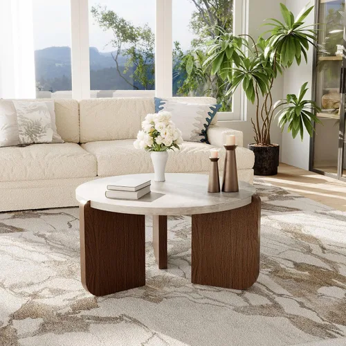 Miniatura 9 de COSIEST - Juego de mesa auxiliar redonda moderna y mesa auxiliar, tapa de madera con aspecto de mármol falso, patas de nogal y crema blanca, mesa