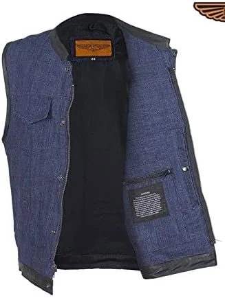 Miniatura 4 de Chaleco de mezclilla para hombre con ribete de cuero, 2 bolsillos para pistola