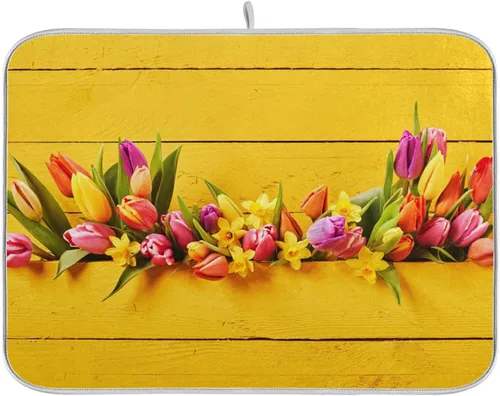 Miniatura 17 de Tapete de secado de platos de flores de fondo negro para encimera de cocina de 18 x 24 pulgadas, tapete de microfibra absorbente, tapete de secado