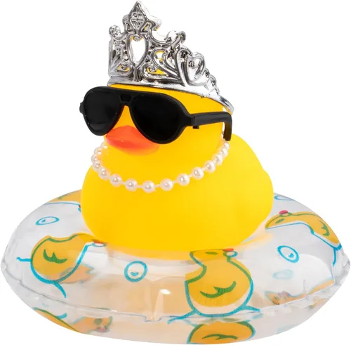Miniatura 12 de wonuu Adornos de pato de goma para automóvil, decoración de tablero de automóvil con bonita diadema, anillo de natación, collar, gafas de sol