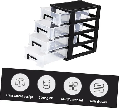 Miniatura 4 de BESPORTBLE Gabinete de almacenamiento de cajones de plástico de 4 capas, organizador negro y transparente para oficina, estudio, sala de estar