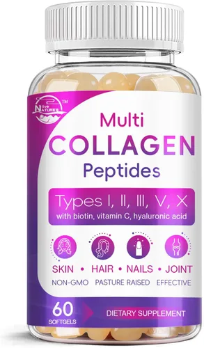 Péptidos de colágeno múltiple Softgel - Tipo I, II, III, V, X - Péptidos de colágeno hidrolizados con biotina, vitamina C, ácido hialurónico, apoya