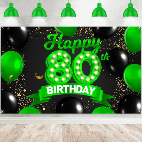 Miniatura 84 de Cartel de feliz cumpleaños 26 verde y negro, telón de fondo con texto en inglés "Cheers to 26 years old confeti", globos de confeti, decoración