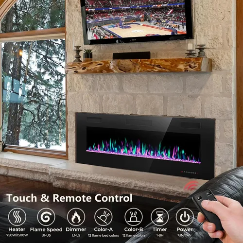 Miniatura 3 de Crzoe Chimenea eléctrica, empotrada y montada en la pared con control remoto, temporizador, color de llama ajustable y velocidad, insertos