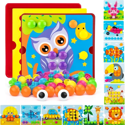 Miniatura 9 de AluAbi Large Button Art Toys for Toddlers, 10'' x 10'' Color Matching Mosaic Pegboard with 12 Pictures and 46 Buttons, Early Educational Toys for 3