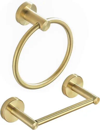 BATHSIR Soporte de papel higiénico dorado cepillado y soporte para toallas de mano, 2 piezas, doble poste pivotante, redondo, moderno, accesorio de