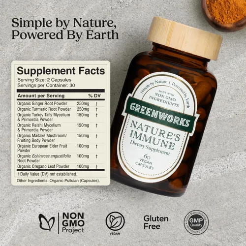 Miniatura 5 de Greenworks Nature's Immune Suplemento orgánico de apoyo inmunológico para adultos Mezcla diaria de saúco, equinácea, cúrcuma, jengibre y hongos