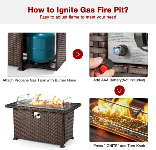 Miniatura 4 de HOMREST Mesa de fuego de gas propano para exteriores de 44 pulgadas, fogata de gas de encendido automático de 50,000 BTU con protector de viento