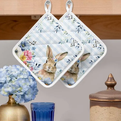 Miniatura 2 de 3 Packs Blue Easter Plaid Pot Holders Sets for Kitchen,Oven Pan Plate Bowl Pads Heat Proof Mat with Hanging Loop,Terry Cloth Potholders Soft Grip