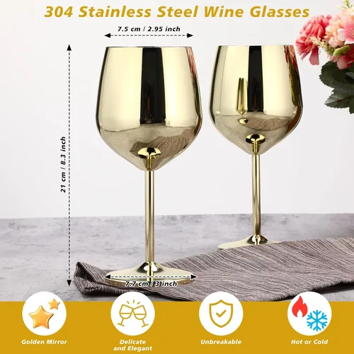 Miniatura 2 de Didaey Paquete de 12 copas de vino de acero inoxidable con tallo dorado de 9 onzas, vasos irrompibles portátiles de metal inastillables, vasos