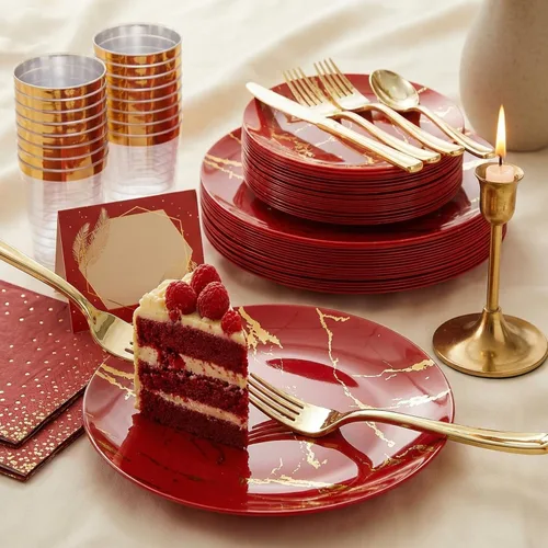 Miniatura 6 de N9R Juego de vajilla de plástico de 225 piezas de oro rojo – desechable para el Día de la Madre, incluye 25 platos llanos, 25 platos de postre, 25