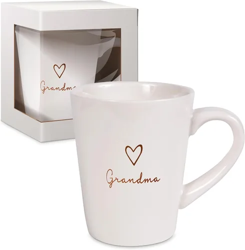 Pavilion Grandma - Taza de café de gres para abuelas con etiqueta de corazón, ideal para uso diario con diseño de texto "Grandma", compatible con