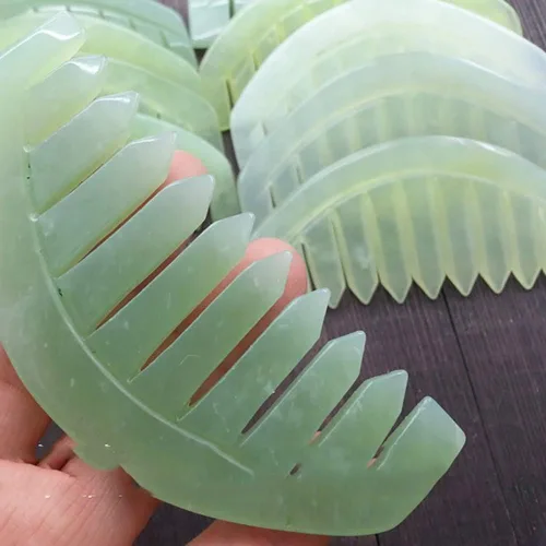 Miniatura 2 de 4 unids verde naturaleza jade piedra masaje peine tradicional natural jade masajeador de acupuntura terapia de cabeza tratamiento de punto gatillo