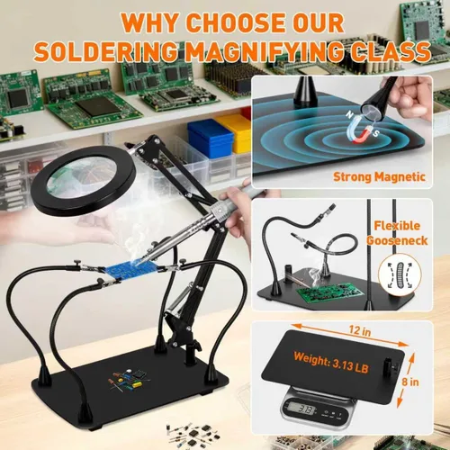 Miniatura 3 de Lámpara de lupa de 10 aumentos con luz y soporte, 2,200 lúmenes, luz iluminada con atenuación sin escalones en 3 colores, 4 pilares de PCB y lámpara