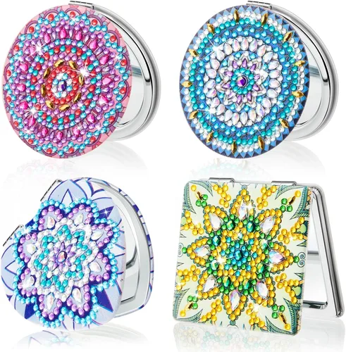 Miniatura 10 de Marsui 4 piezas de espejo compacto de pintura de diamante, bolsillo de pintura portátil, plegable, para mujeres, arte de diamante, regalos de mamá