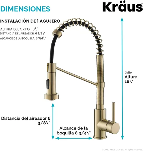 Miniatura 7 de KRAUS Bolden - Grifo de cocina de estilo comercial con mango individual de dos funciones desplegable en bronce champán antiguo libre de manchas