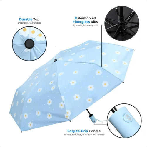 Miniatura 3 de Paraguas compacto plegable de viaje con apertura y cierre automático para resistente al viento, a la lluvia y a los rayos UV, sombrilla