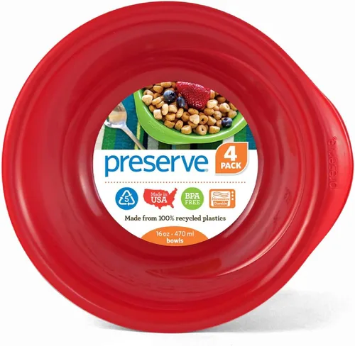 Preserve Everyday - Juego de 4 cuencos de plástico reciclado de 16 onzas, rojo pimienta Rojo (Pepper Red)