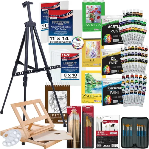 U.S. Art Supply Juego de pintura para artistas de 133 piezas - Caballete de aluminio y madera, 24 cada uno (pinturas acrílicas, al óleo, acuarela),