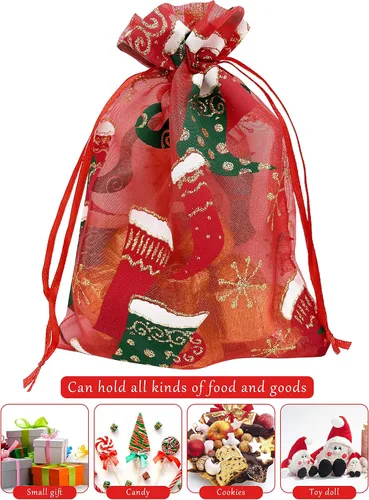 Miniatura 4 de Jexila - 24 bolsas de regalo de organza de Navidad de 4 x 6 pulgadas con cordón, 11 patrones mixtos, pequeñas bolsas de caramelos para fiestas