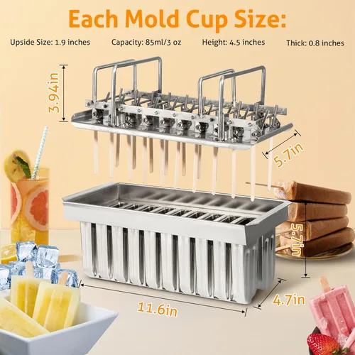 Miniatura 5 de WICHEMI Moldes comerciales de paletas de acero inoxidable, moldes para paletas de hielo, 20 unidades, molde de paletas de hielo, molde para hacer