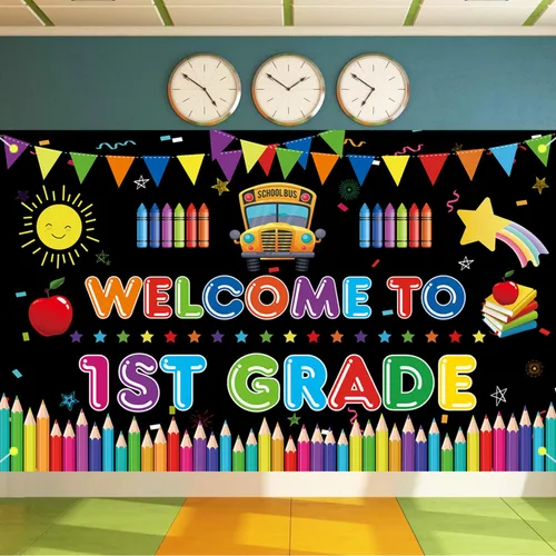 Miniatura 4 de Cartel de bienvenida al primer grado, telón de fondo grande para decoración del primer día de escuela, bienvenido a la escuela, primer día de jardín