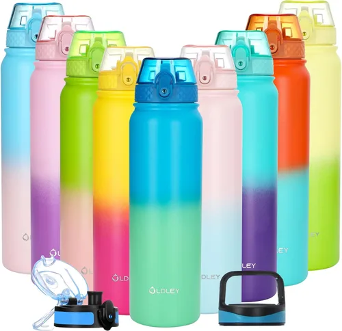 Miniatura 9 de Oldley Botella de Agua Aislada con Pajilla de 20oz, Botellas de Agua de Acero Inoxidable con 3 Tapas, Aislamiento al Vacío de Doble Pared Térmica
