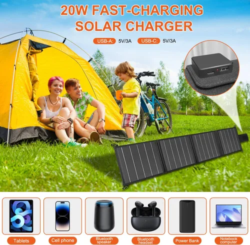 Miniatura 4 de Paneles solares portátiles de 20 W, panel solar plegable con tipo C y USB A para camping, mochilero, viajes, carga rápida, IP65 para iPhone, iPad