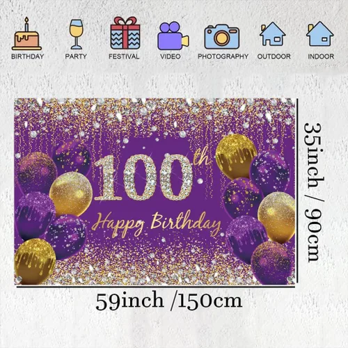 Miniatura 2 de Decoración de cumpleaños número 100 para mujer, póster de tela morada, decoración de fiesta de nacimiento y fiesta, pancarta de fondo 100 pies B