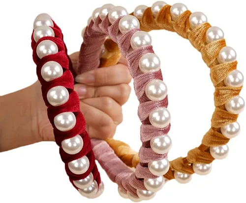 Miniatura 5 de Wiwpar Diademas de perlas de terciopelo para el pelo con perlas, elegante diadema de perlas antideslizantes, accesorios de moda para el cabello