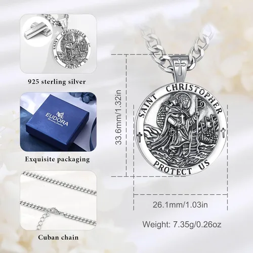 Miniatura 397 de EUDORA Collar de plata de ley 925, San Cristóbal y San Benito, San Miguel, Virgen María, San Judas Tadeo, Cruz de Buen Pastor y Arcángel, Medalla
