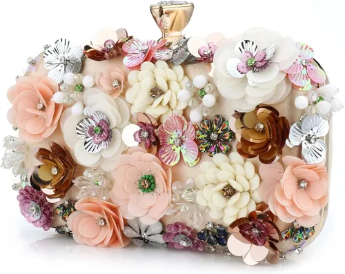 Miniatura 7 de Bolso de mano de noche floral para mujer con diamantes de imitación de metal con flores para mujer, boda, graduación, fiesta, lentejuelas 3D, bolso
