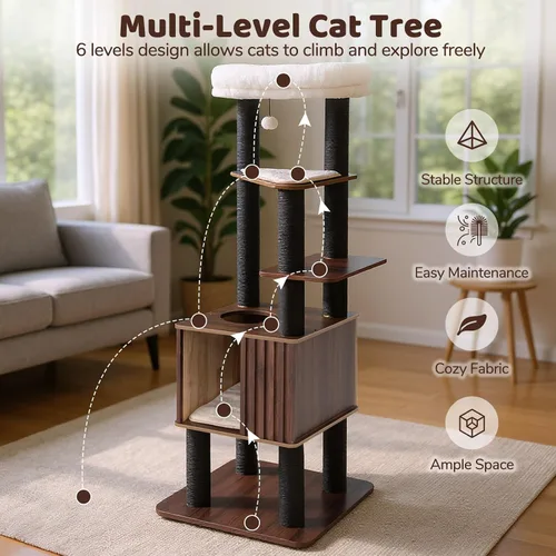 Miniatura 8 de PETSITE Árbol de madera para gatos de 64 pulgadas, torre para gatos moderna de varios niveles con postes rascadores, amplio condominio con agujero