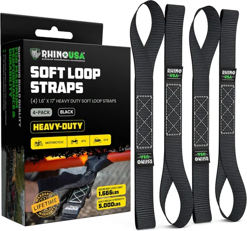 Rhino USA Correas de amarre de bucle suave (paquete de 4) – 1.6 pulgadas x 17 pulgadas (5,000 libras de resistencia a la rotura) Correas de manillar