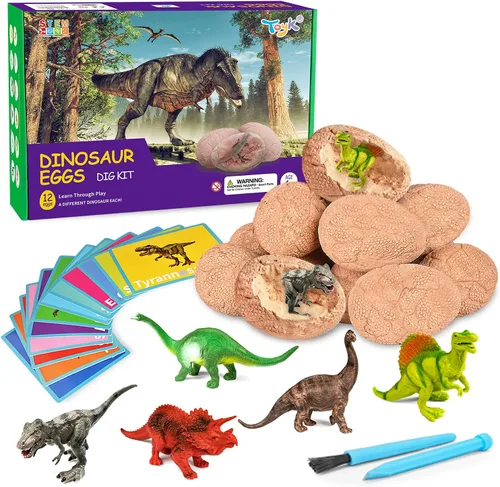 Desenterrar huevos fósiles de dinosaurios, rompe 12 huevos únicos y descubre 12 lindos dinosaurios, juguete de excavación de Pascua para niños de 3,