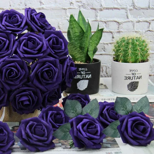 Miniatura 3 de Higfra Flores artificiales, 25 piezas de rosas falsas de espuma de color morado oscuro de aspecto real con tallos para ramos de boda, centros