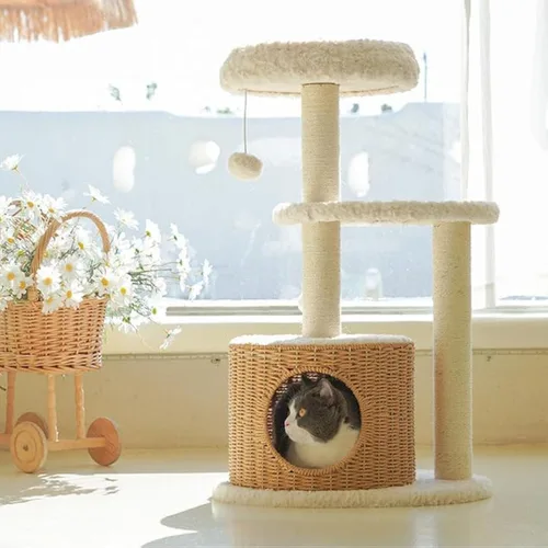 Happy & Polly Torre de árbol para gatos de 33.1 pulgadas, condominio con postes rascadores, casa acogedora de lujo para interiores para gatos,