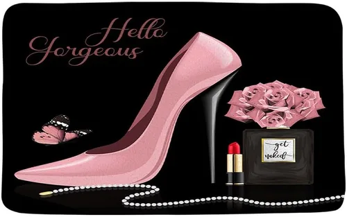 Miniatura 4 de Tapete de baño de tacón alto, color rosa, con lápiz labial, perfume, flor, Hello Gorgeous Fashion Maquillaje, lindo, para niñas y mujeres, tapete