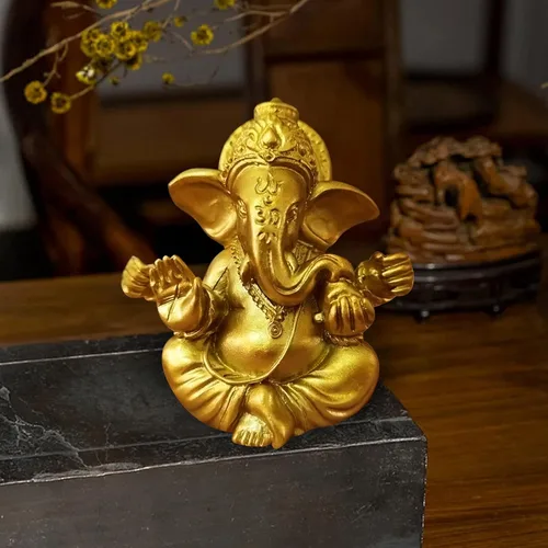 Miniatura 5 de Estatuas hindú de oro de Lord Ganesha, 1 pieza de escultura de resina de elefante indio, estatua de Dios, figura de Ganesh, adornos de elefante