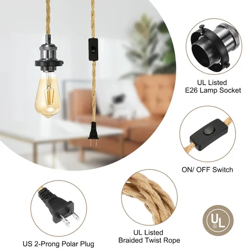 Miniatura 3 de PATIKIL Kit de cable de luz colgante de 15.4 pies, enchufe E26 con interruptor, cuerda trenzada industrial vintage para lámpara de granja