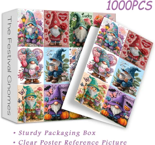 Miniatura 3 de PICKFORU Rompecabezas de 1000 piezas de gnomos de festival para adultos, lindos rompecabezas de enanos de diamantes, rompecabezas de colección