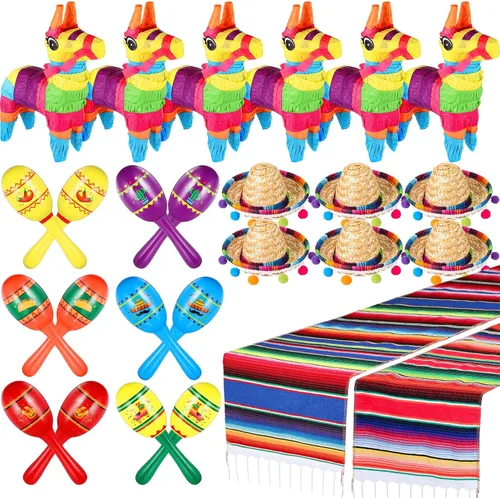 Miniatura 8 de Libima 26 decoraciones de fiesta mexicanas incluyen 6 burros, 12 maracas grandes para fiestas, 2 caminos de mesa de serape, 6 sombreros