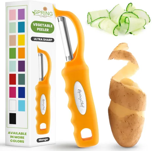 Miniatura 39 de Spring Chef Pelador de verduras giratorio profesional rojo para cocina, peladores de papas de acero inoxidable con mango de agarre suave, perfecto