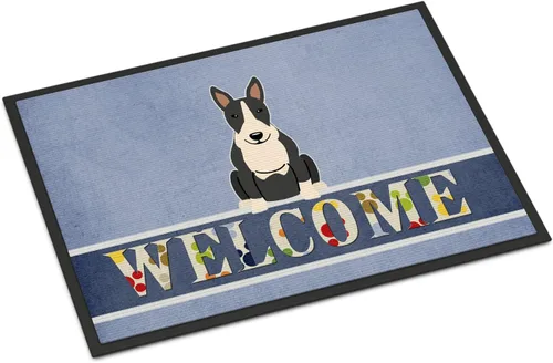 Caroline's Treasures BB5714MAT Bull Terrier - Felpudo de bienvenida blanco y negro de 18 x 27 pulgadas, tapete para puerta delantera, para