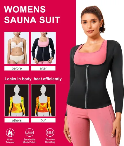 Miniatura 2 de Gotoly Mujer cintura entrenador caliente neopreno camisa sauna traje sudor cuerpo moldeador chaqueta superior cremallera manga larga