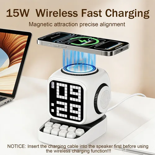 Miniatura 4 de Altavoz Bluetooth con pantalla LED clásica de 11 x 11 píxeles, altavoces de escritorio compatibles con carga inalámbrica para iPhone