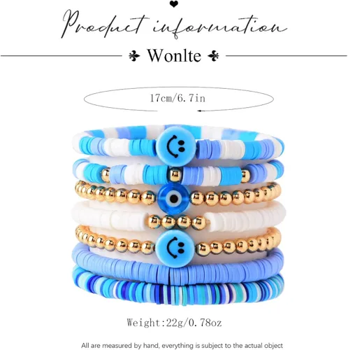 Miniatura 6 de Wonlte - Juego de pulseras de cuentas de arcilla Heishi, pulseras elásticas apilables con cuentas de mal de ojo, pulseras elásticas apilables